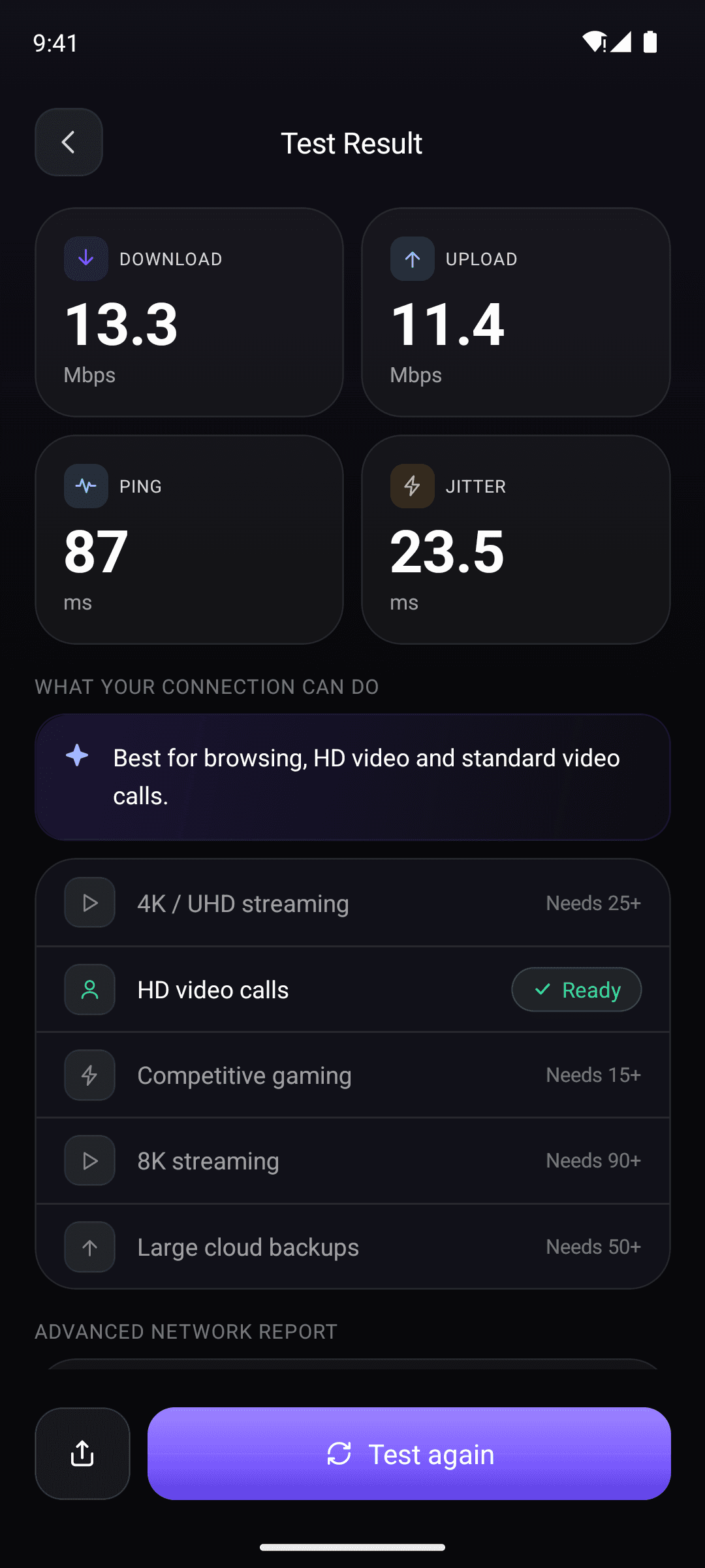 SpeedIQ results screen showing download, upload, ping and jitter