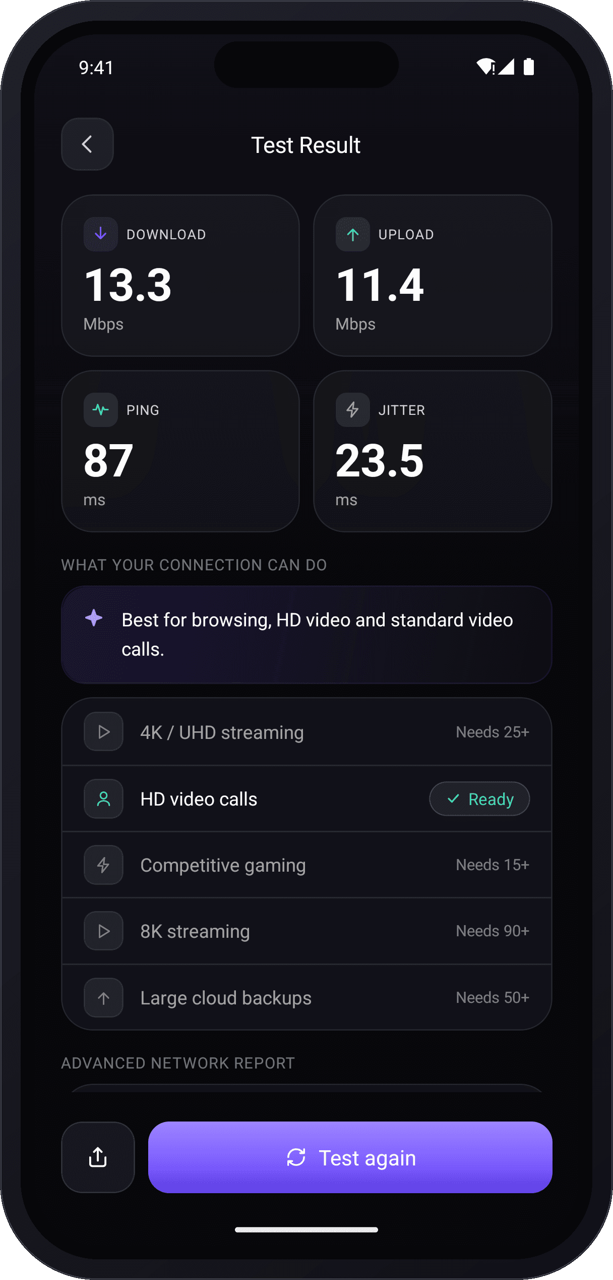 SpeedIQ results screen showing download, upload, ping and jitter